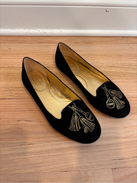 Coach Shoes - Coach black velvet smoking slippers with a gold-embroidered design size 8 NWOT